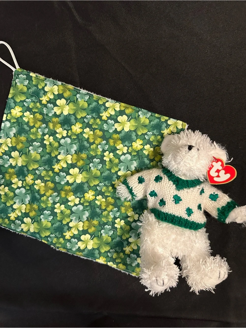 Ty Flannigan Plush Bear with Shamrock Shirt comes with Shamrock Softy Cloth